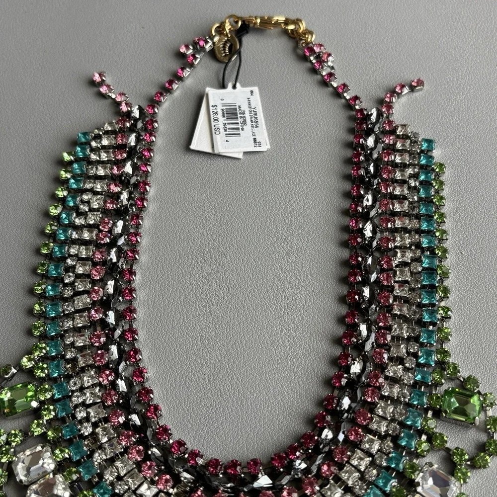 Vintage Juicy Couture Pink Green Rhinestone Statement Bib Necklace 15